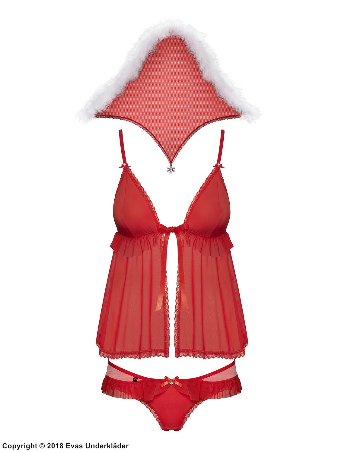 Kvinnelig julenisse, kostyme-undertøy, hette, maraboukant